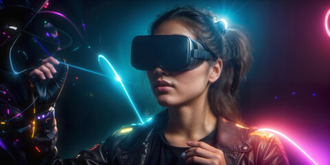 Beautiful Asian girl in vr glasses, Metaverse woman in reality headsets exploring VR world, light swirls, glow, lens effects, cinematic, new technologies, future entertainment, Generative A.I,