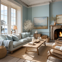The sitting room is blue and glass with a fireplace
