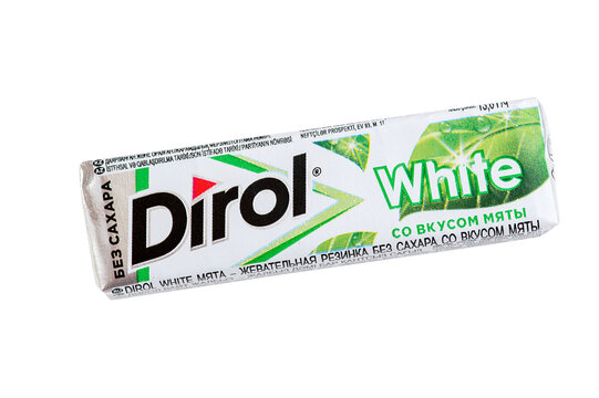 Smolensk, Russia - September 12, 2023: Dirol mint sugar-free chewing gum isolated on white background