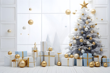 Geschmückter Weihnachtsbaum mit Geschenken in blau und gold, erstellt mit generativer KI