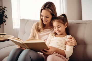 A loving mother and her little daughter are spending quality time together at home, sitting on the sofa and reading a book.