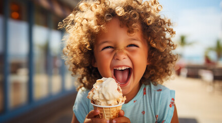A happy and smiling child eating ice cream