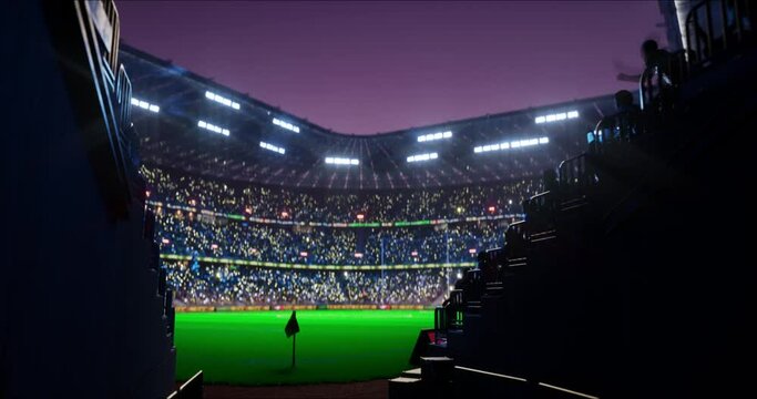 Soccer Stadium arena, blue light lit,  crowd fans, empty playground, photo flashlight. 4k 3d render