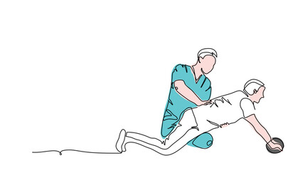 Spine, back rehabilitation therapy. Physiotherapy treatment vector illustration. One continuous line art drawing of spine rehabilitation