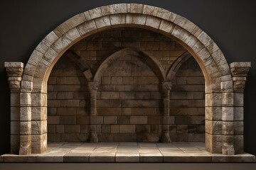 Semicircular arch window on castle wall isolated on empty background. Generative AI