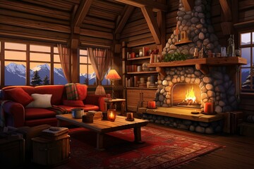 Fototapeta na wymiar Illustration of a warm, rustic living room with wooden chalet style décor. Generative AI
