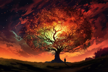 Man and magic old tree. Fantasy landscape with a magic tree and a man standing on a hill. Silhouette of a man on the background of a big tree. Sunset scene. Sunrise. Fairy tale. Vector illustration - obrazy, fototapety, plakaty