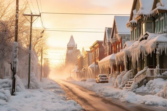 Winter Scenes In Kingston, Ontario With Ice Structures, Historic Buildings, And The Aftermath Of A Storm. Generative AI