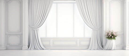  illustration depicting a bare, clean interior featuring curtains and decorations, all in white.