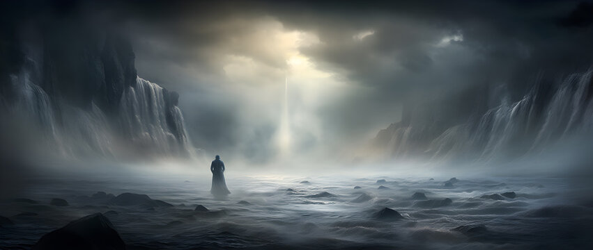 Man Standing Alone in Front of Majestic Waterfall, Nature Landscape Photography