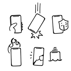 hand drawn doodle mobile phone protection vector isolated