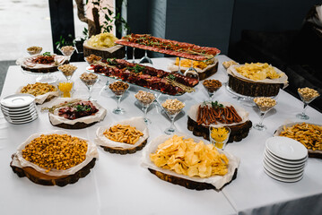 Buffet table. Mini cold snacks, appetizers for public catering on table. Food on wooden plates,...