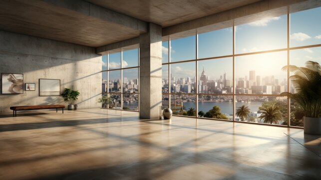 Interior of empty open space room in modern urban building for office or loft studio. Concrete walls and floor, furniture, wall decor. Floor-to-ceiling windows with city view. Mockup, 3D rendering.