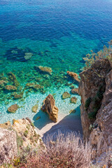 Capo Bianco beach, on the elba island, seen from the drone. Isola d'Elba, italy, a beautiful Island.
