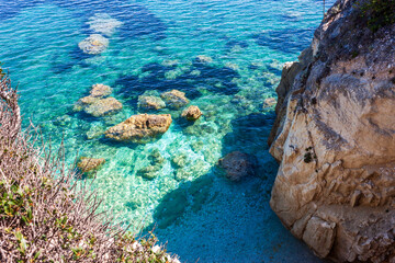 Fototapeta na wymiar Capo Bianco beach, on the elba island, seen from the drone. Isola d'Elba, italy, a beautiful Island.