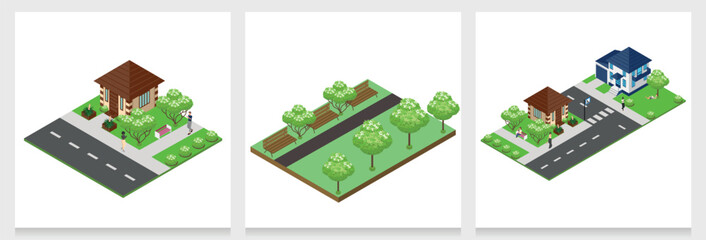 isometric streets with houses and trees and plants. Colorful image of park and nature streets. Vector set of backgrounds.