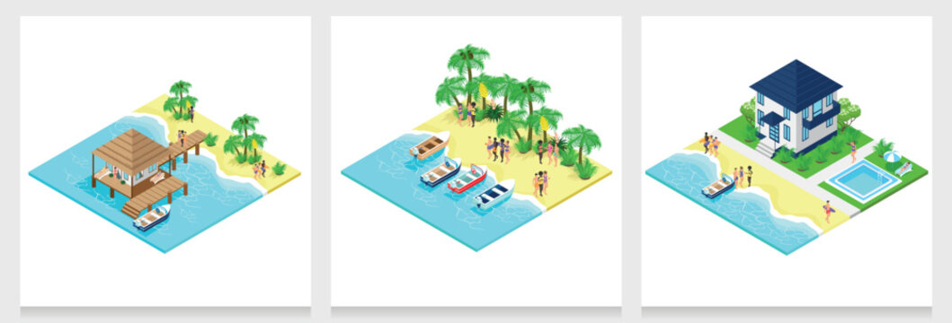 Set of isometric beaches with houses, people and boats. isometric bungalows of different sizes. Summer vacation at sea. Colorful image of summer fun. Vector set of backgrounds.