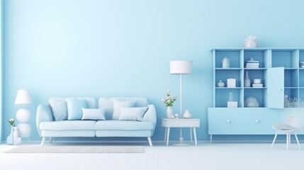 Stylish minimalist monochrome interior of modern cozy living room in white and pastel blue tones. Trendy couch, commode, coffee table, floor lamp. Creative home design. Mockup, 3D rendering.