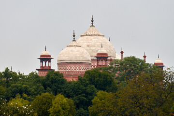 Close up Taj Mahal dome white marble mausoleum landmark in Agra, Uttar Pradesh, India, beautiful dome of ancient tomb building of Mughal architecture, popular touristic place