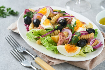 Tuna salad with pasta, eggs, potatoes, olives, red onions and sauce in white plate on old light gray concrete table background. Nicoise salad. French cuisine. Top view. Flat lay.