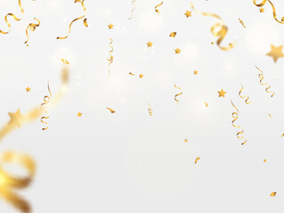 Golden confetti falls on a beautiful background. Falling streamers on stage.	
