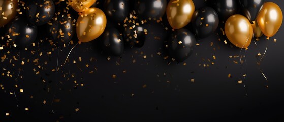 black, red and gold balloons with glitter confetti, party, happy birthday, Happy new year, classy, black background, Generative AI