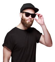 Hipster handsome male model with beard wearing black blank t-shirt and sunglasses