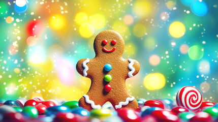 Gingerbread man on background with colorful sparkles. Blurred effect. Concept of festive composition.Close-up. Banner