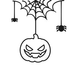 Jack O Lantern Evil Pumpkin Hanging on a Spider Web Line Art Doodle, Happy Halloween Spooky Ornaments Decoration Vector illustration