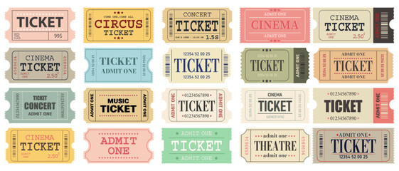 Big set of retro tickets template. Ticket for cinema, movie,circus,carnaval,film,festival.Admit one.Vector illustration