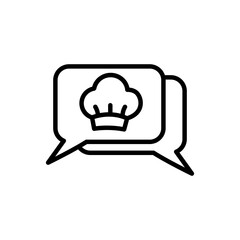 Black line Chef hat in speech bubble icon isolated on white background. Cooking symbol. Cooks hat. Vector