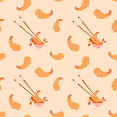  Japanese street food. shrimp tempura on the wooden plate with sauce Colorful vector illustration isolated on white background. Vector illustration