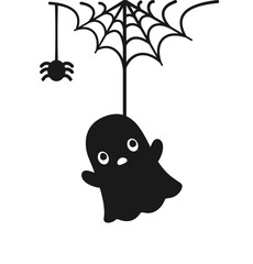 Ghost Hanging on a Spider Web Silhouette, Happy Halloween Spooky Ornaments Decoration Vector illustration