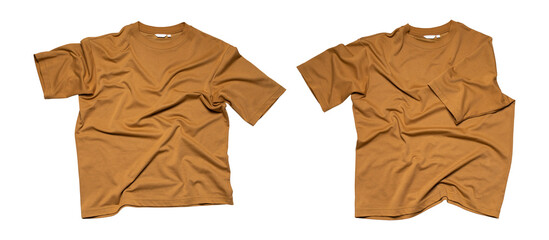 Mustard brown green golden t-shirt isolated on white background. With clipping path. Cut out fashionable trendy blank t-shirt, clothing object for design, layout, logo application. Fashion Mockup