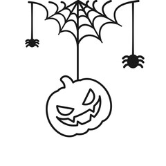Jack O Lantern Evil Pumpkin Hanging on a Spider Web Line Art Doodle, Happy Halloween Spooky Ornaments Decoration Vector illustration
