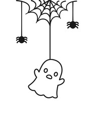 Ghost Hanging on a Spider Web Line Art Doodle, Happy Halloween Spooky Ornaments Decoration Vector illustration