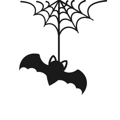 Fototapeta premium Bat Hanging on a Spider Web Doodle Silhouette, Happy Halloween Spooky Ornaments Decoration Vector illustration