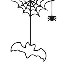 Bat Hanging on a Spider Web Doodle Outline Line Art, Happy Halloween Spooky Ornaments Decoration Vector illustration