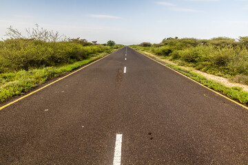 Fototapeta premium Paved road between Turmi and Omorate in Omo valley, Ethiopia