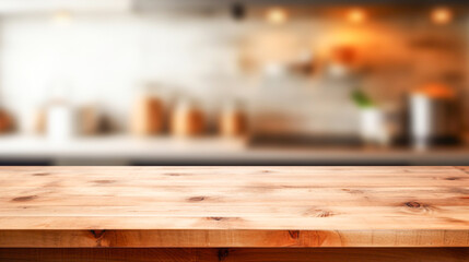 An empty brown wooden tabletop against a blurred background of a kitchen with a window, plants in glass pots and kitchen utensils. to display or mount your products. 3d rendering
