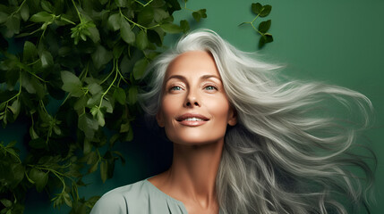 Fototapeta premium Beautiful mature woman with long healthy gray hair 50s looking at camera against green leaves background. Healthy facial skin care, natural cosmetics for middle age skin care, cosmetology concept