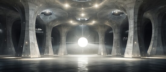 Futuristic interior with celestial-themed decor. Architectural background. ing.