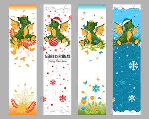 Set of vector bookmarks. Cute little green dragon in different seasons.