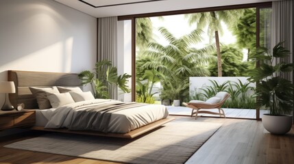 Interior of cozy minimalist bedroom in luxury villa or hotel. White walls, wooden floor, comfortable bed, terrace, floor-to-ceiling windows with garden view. Ecostyle home design. 3D rendering.