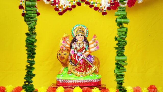 Goddess Durga idol at decorated Durga Puja pandal. Durga Puja is biggest religious festival of Hinduism and is now celebrated worldwide.