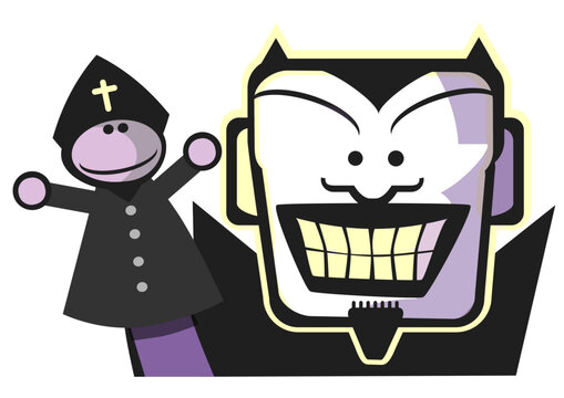 Ein lustiger Teufel spielt mit deiner handpuppe in form eines Priesters, Comic teufel Gesicht mit Priester puppe
