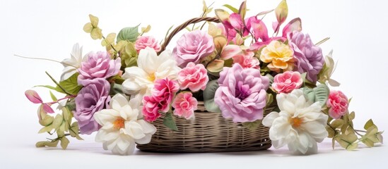White basket with synthetic blooms isolated.