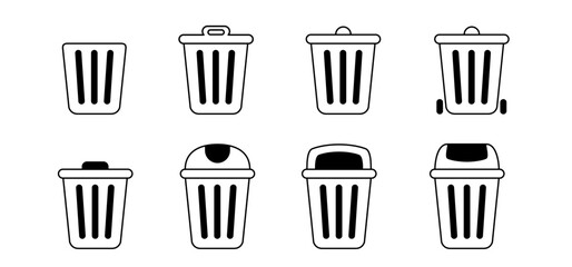 Dustbin,  litter basket or litterbin. Clean up and trashcan, Waste bin. Cleaning tools. Container logo or pictogram. Recycle, remove, delete box. Wheelie bin. Garbage bag, container. Recyclable.