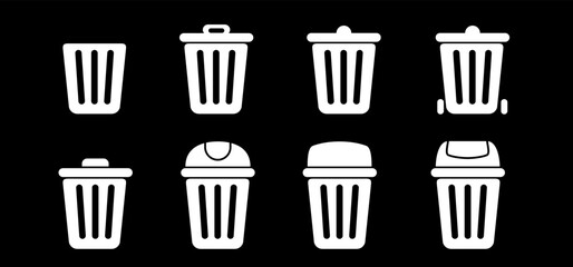Dustbin,  litter basket or litterbin. Clean up and trashcan, Waste bin. Cleaning tools. Container logo or pictogram. Recycle, remove, delete box. Wheelie bin. Garbage bag, container. Recyclable.