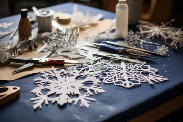 A close-up of a table covered in a variety of tools and supplies for cutting snowflakes. There are scissors, templates, and knives of all shapes and sizes. In the foreground,